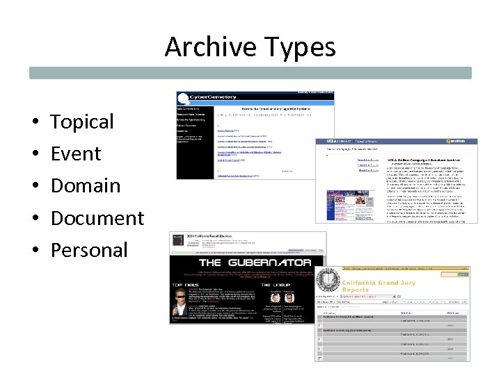 Archive Types • • • Topical Event Domain Document Personal 