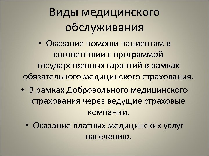 Виды медицинского обслуживания • Оказание помощи пациентам в соответствии с программой государственных гарантий в