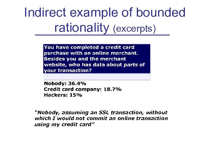 Indirect example of bounded rationality (excerpts) “Nobody, assuming an SSL transaction, without which I