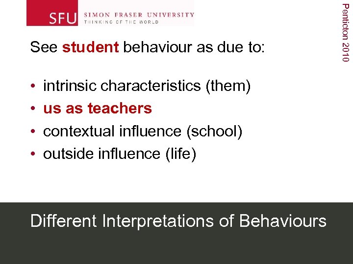 • • intrinsic characteristics (them) us as teachers contextual influence (school) outside influence