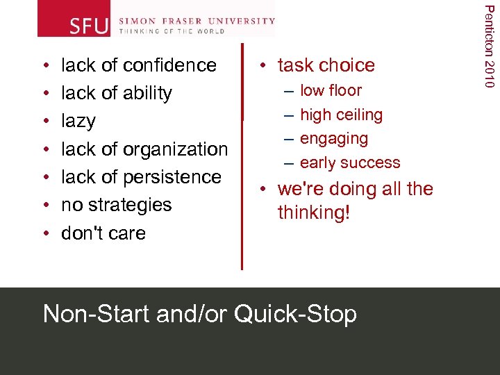 lack of confidence lack of ability lazy lack of organization lack of persistence no