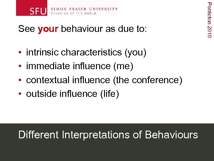 • • intrinsic characteristics (you) immediate influence (me) contextual influence (the conference) outside