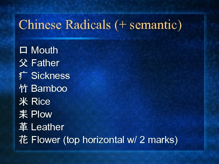 Chinese Radicals (+ semantic) 口 Mouth 父 Father 疒 Sickness 竹 Bamboo 米 Rice