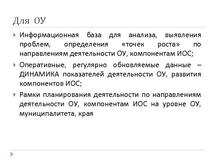 Для ОУ Информационная база для анализа, выявления проблем, определения «точек роста» по направлениям деятельности