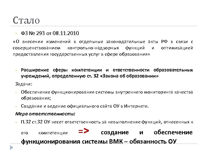 Стало • ФЗ № 293 от 08. 11. 2010 «О внесении изменений в отдельные
