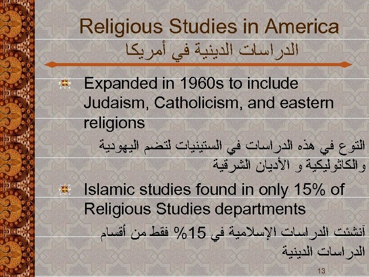  Religious Studies in America ﺍﻟﺪﺭﺍﺳﺎﺕ ﺍﻟﺪﻳﻨﻴﺔ ﻓﻲ ﺃﻤﺮﻳﻜﺎ Expanded in 1960 s to