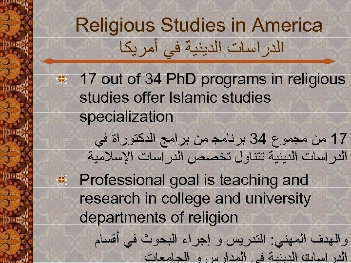 Religious Studies in America ﺍﻟﺪﺭﺍﺳﺎﺕ ﺍﻟﺪﻳﻨﻴﺔ ﻓﻲ ﺃﻤﺮﻳﻜﺎ 17 out of 34 Ph. D