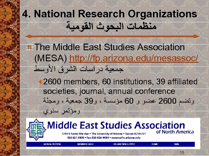 4. National Research Organizations ﻣﻨﻈﻤﺎﺕ ﺍﻟﺒﺤﻮﺙ ﺍﻟﻘﻮﻣﻴﺔ The Middle East Studies Association (MESA) http: