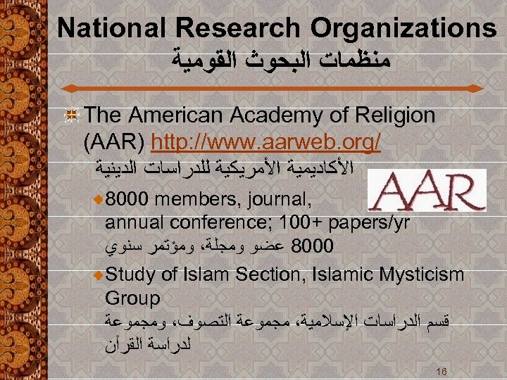 National Research Organizations ﻣﻨﻈﻤﺎﺕ ﺍﻟﺒﺤﻮﺙ ﺍﻟﻘﻮﻣﻴﺔ The American Academy of Religion (AAR) http: //www.