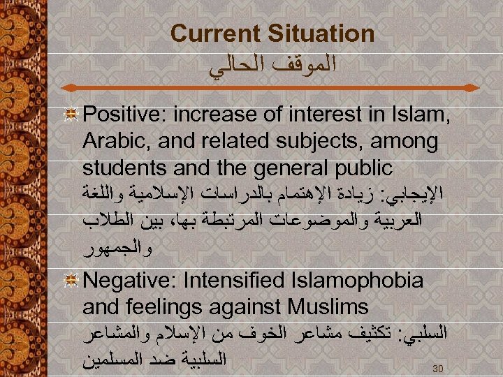 Current Situation ﺍﻟﻤﻮﻗﻒ ﺍﻟﺤﺎﻟﻲ Positive: increase of interest in Islam, Arabic, and related subjects,