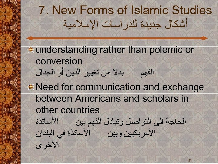 7. New Forms of Islamic Studies ﺃﺸﻜﺎﻝ ﺟﺪﻳﺪﺓ ﻟﻠﺪﺭﺍﺳﺎﺕ ﺍﻹﺳﻼﻣﻴﺔ understanding rather than polemic