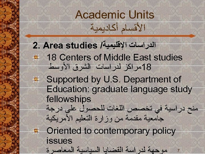  Academic Units ﺍﻷﻘﺴﺎﻡ ﺃﻜﺎﺩﻳﻤﻴﺔ ﺍﻟﺪﺭﺍﺳﺎﺕ ﺍﻹﻗﻠﻴﻤﻴﺔ/ 2. Area studies 18 Centers of Middle
