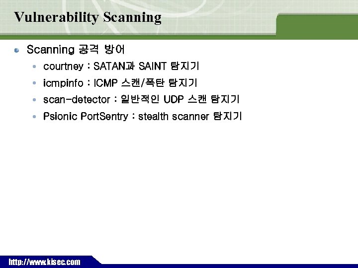 Vulnerability Scanning 공격 방어 courtney : SATAN과 SAINT 탐지기 icmpinfo : ICMP 스캔/폭탄 탐지기