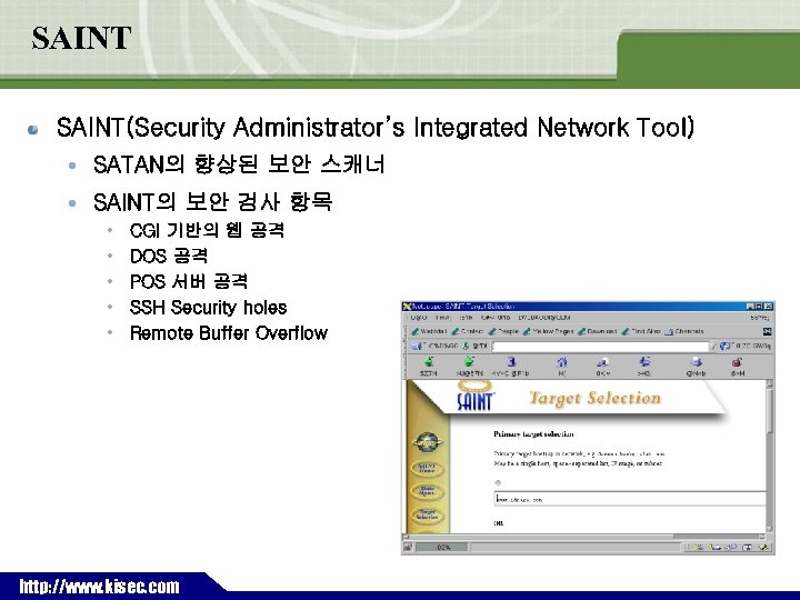 SAINT(Security Administrator’s Integrated Network Tool) SATAN의 향상된 보안 스캐너 SAINT의 보안 검사 항목 •
