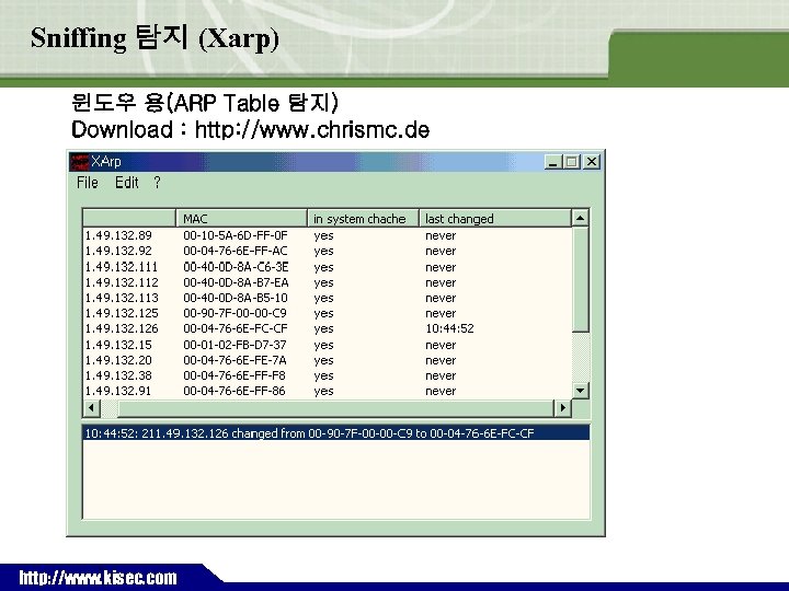 Sniffing 탐지 (Xarp) 윈도우 용(ARP Table 탐지) Download : http: //www. chrismc. de `