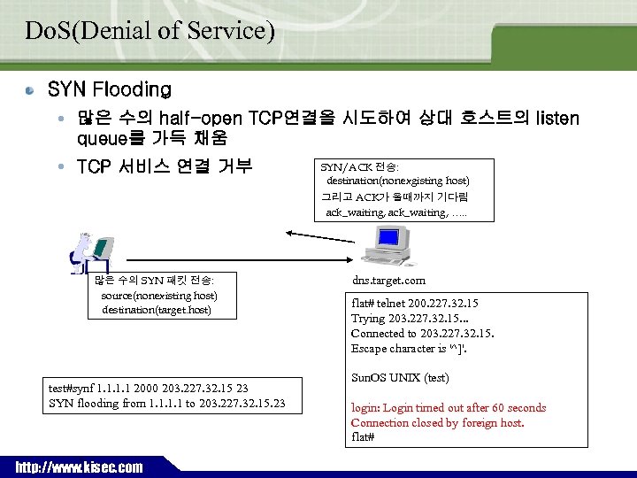 Do. S(Denial of Service) SYN Flooding 많은 수의 half-open TCP연결을 시도하여 상대 호스트의 listen