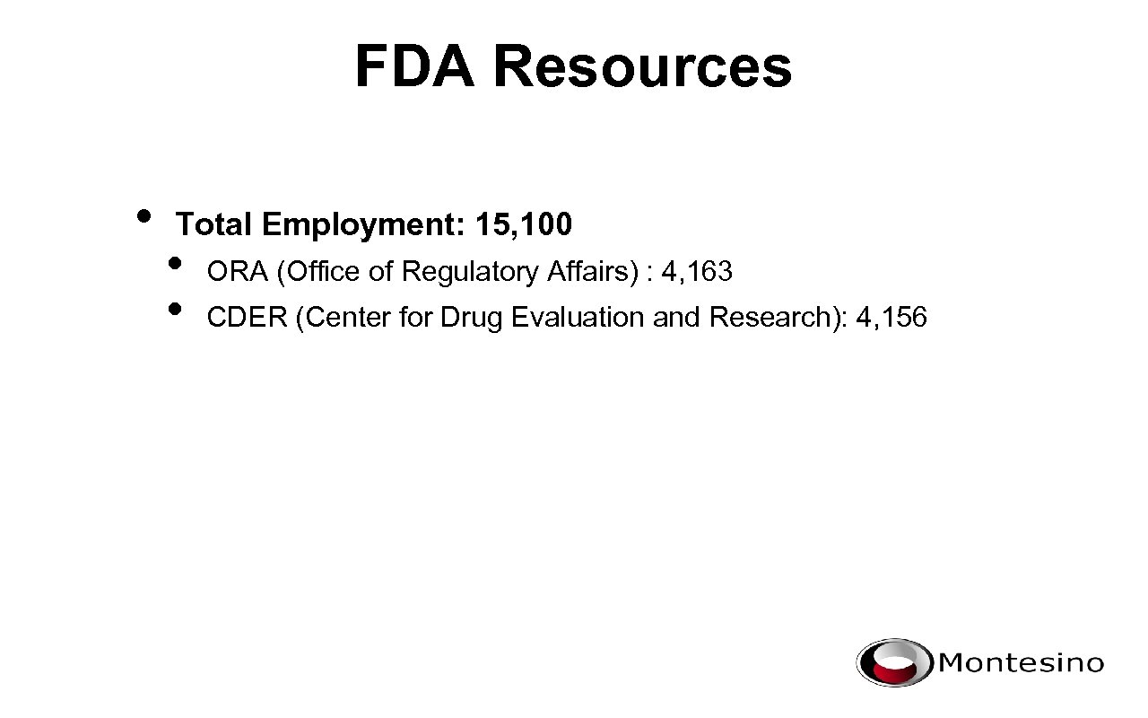 FDA Resources • Total Employment: 15, 100 • • ORA (Office of Regulatory Affairs)