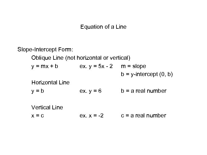 Equation of a Line Slope-Intercept Form: Oblique Line (not horizontal or vertical) y =