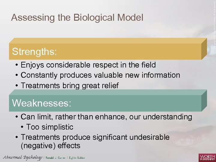 Assessing the Biological Model Strengths: • Enjoys considerable respect in the field • Constantly