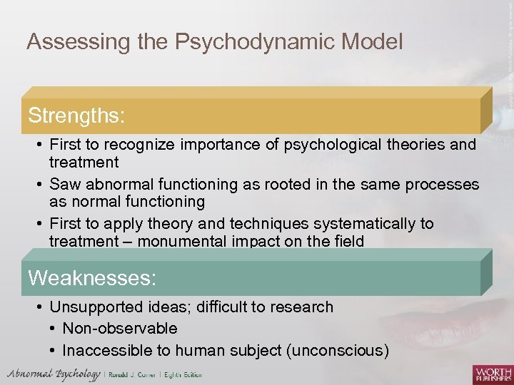 Assessing the Psychodynamic Model Strengths: • First to recognize importance of psychological theories and