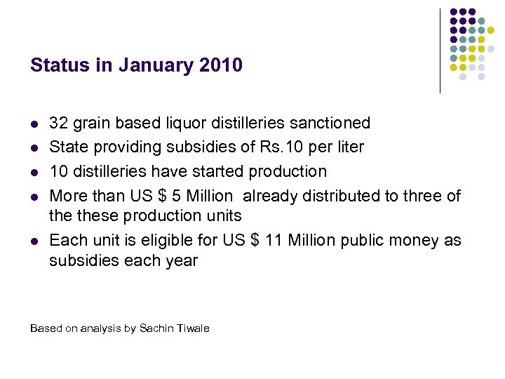 Status in January 2010 l l l 32 grain based liquor distilleries sanctioned State