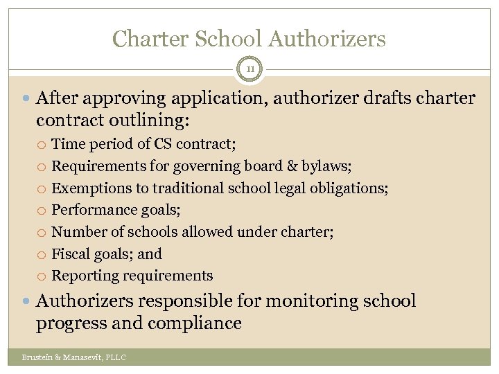 Charter School Authorizers 11 After approving application, authorizer drafts charter contract outlining: Time period