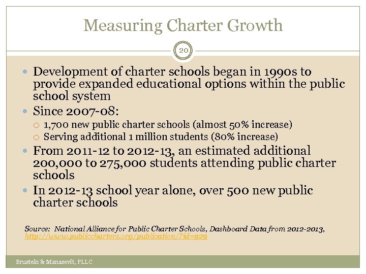 Measuring Charter Growth 20 Development of charter schools began in 1990 s to provide