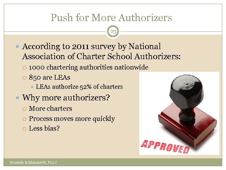 Push for More Authorizers 23 According to 2011 survey by National Association of Charter