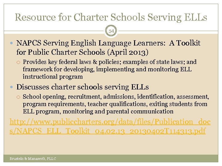 Resource for Charter Schools Serving ELLs 54 NAPCS Serving English Language Learners: A Toolkit