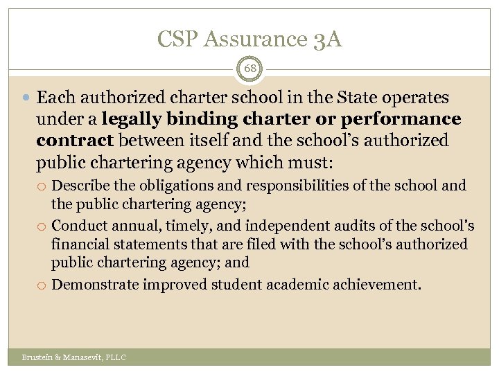 CSP Assurance 3 A 68 Each authorized charter school in the State operates under