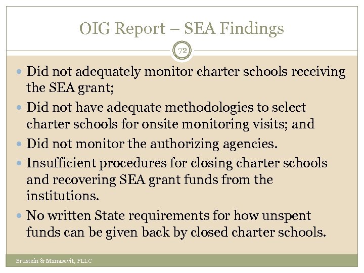 OIG Report – SEA Findings 72 Did not adequately monitor charter schools receiving the