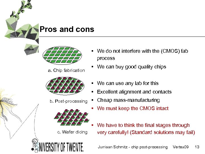 Pros and cons § We do not interfere with the (CMOS) fab process a.