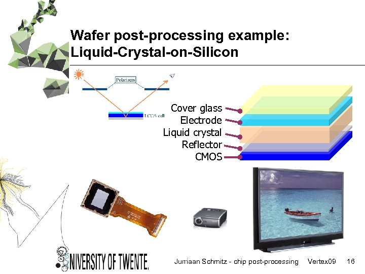 Wafer post-processing example: Liquid-Crystal-on-Silicon Cover glass Electrode Liquid crystal Reflector CMOS Jurriaan Schmitz -