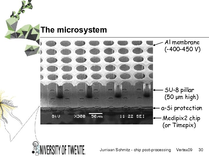 The microsystem Al membrane (-400 -450 V) SU-8 pillar (50 μm high) a-Si protection