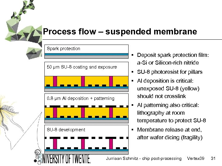 Process flow – suspended membrane Spark protection 50 µm SU-8 coating and exposure 0.