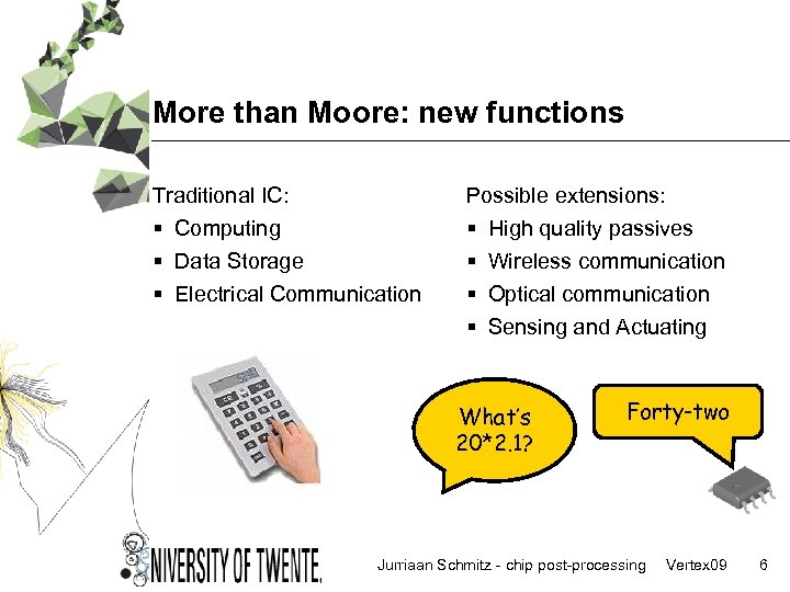 More than Moore: new functions Traditional IC: § Computing § Data Storage § Electrical