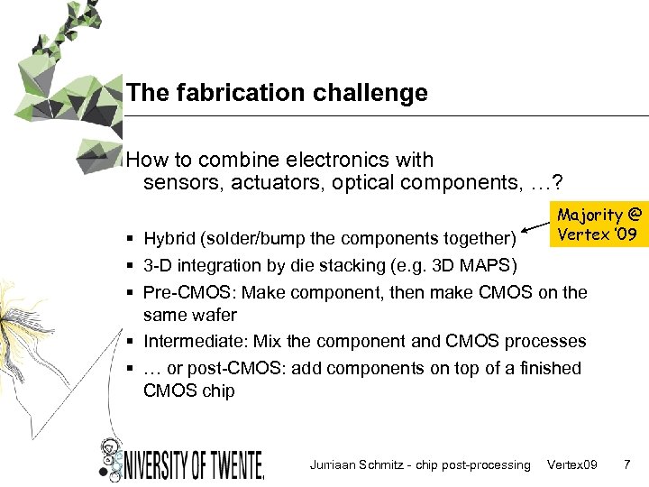 The fabrication challenge How to combine electronics with sensors, actuators, optical components, …? Majority