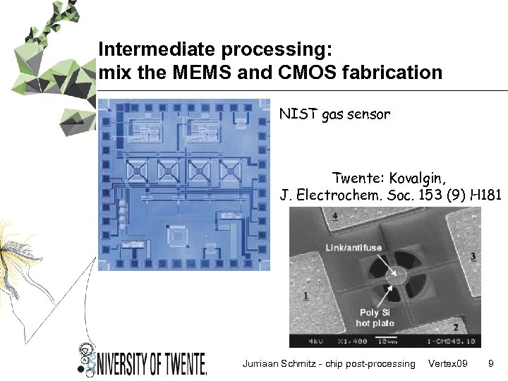 Intermediate processing: mix the MEMS and CMOS fabrication NIST gas sensor Twente: Kovalgin, J.