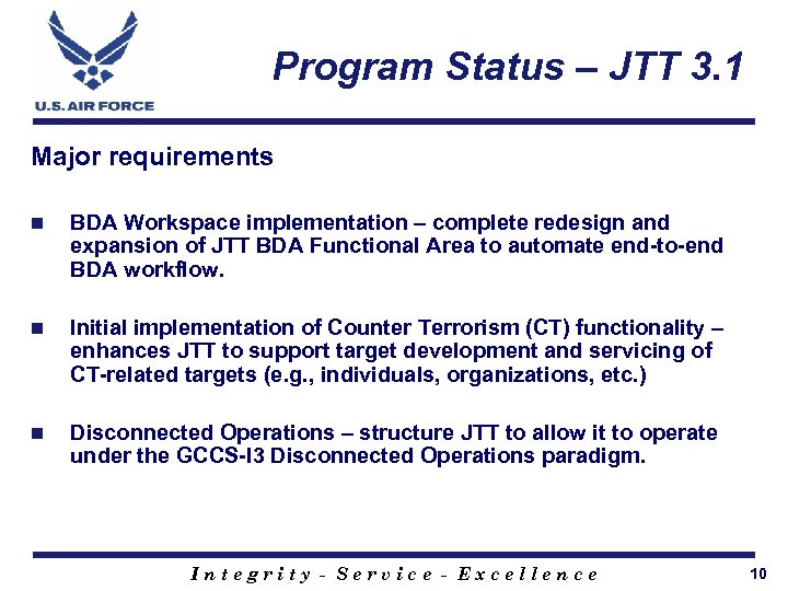 Program Status – JTT 3. 1 Major requirements n BDA Workspace implementation – complete