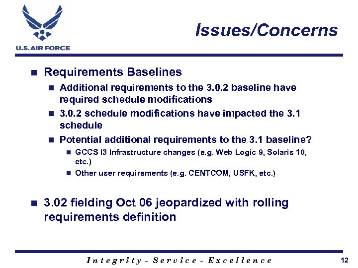 Issues/Concerns n Requirements Baselines Additional requirements to the 3. 0. 2 baseline have required