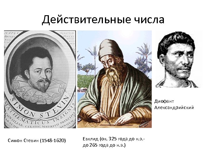 Действительные числа Диофант Александрийский Симон Стевин (1548 -1620) Евклид (ок. 325 года до н.