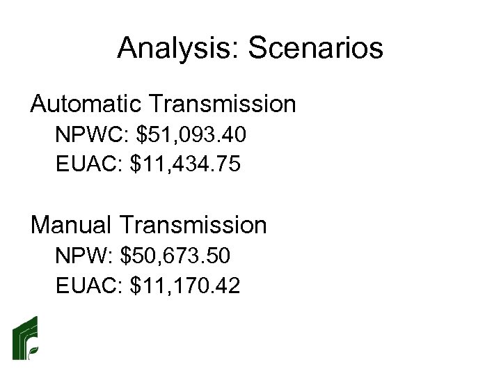 Analysis: Scenarios Automatic Transmission NPWC: $51, 093. 40 EUAC: $11, 434. 75 Manual Transmission