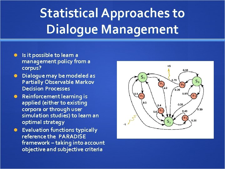Statistical Approaches to Dialogue Management Is it possible to learn a management policy from