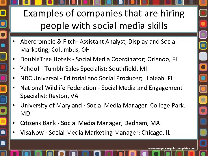 Examples of companies that are hiring people with social media skills • Abercrombie &
