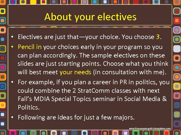 About your electives • Electives are just that—your choice. You choose 3. • Pencil