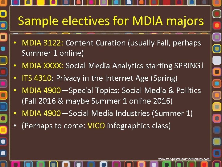 Sample electives for MDIA majors • MDIA 3122: Content Curation (usually Fall, perhaps Summer