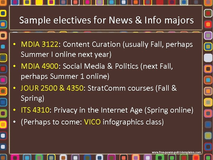 Sample electives for News & Info majors • MDIA 3122: Content Curation (usually Fall,