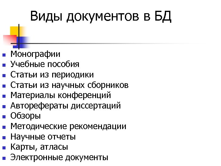 Виды документов в БД n n n Монографии Учебные пособия Статьи из периодики Статьи
