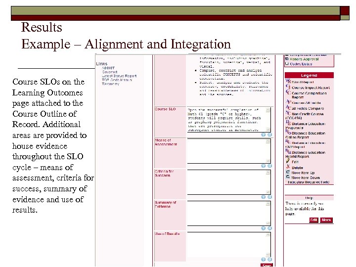 Results Example – Alignment and Integration Course SLOs on the Learning Outcomes page attached